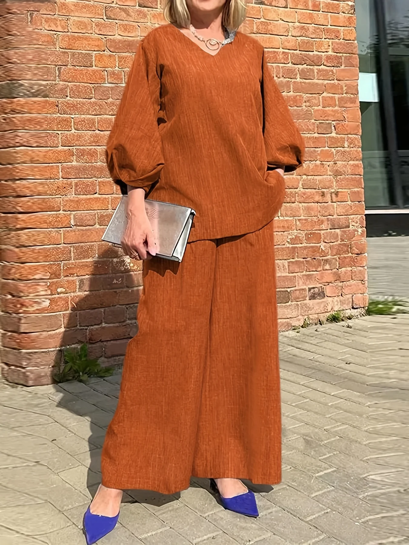 deanwangkt-1  Solid Casual Two-piece Set, V Neck Lantern Sleeve Tops & Wide Leg Pants Outfits, Women's Clothing - Deanwangkt