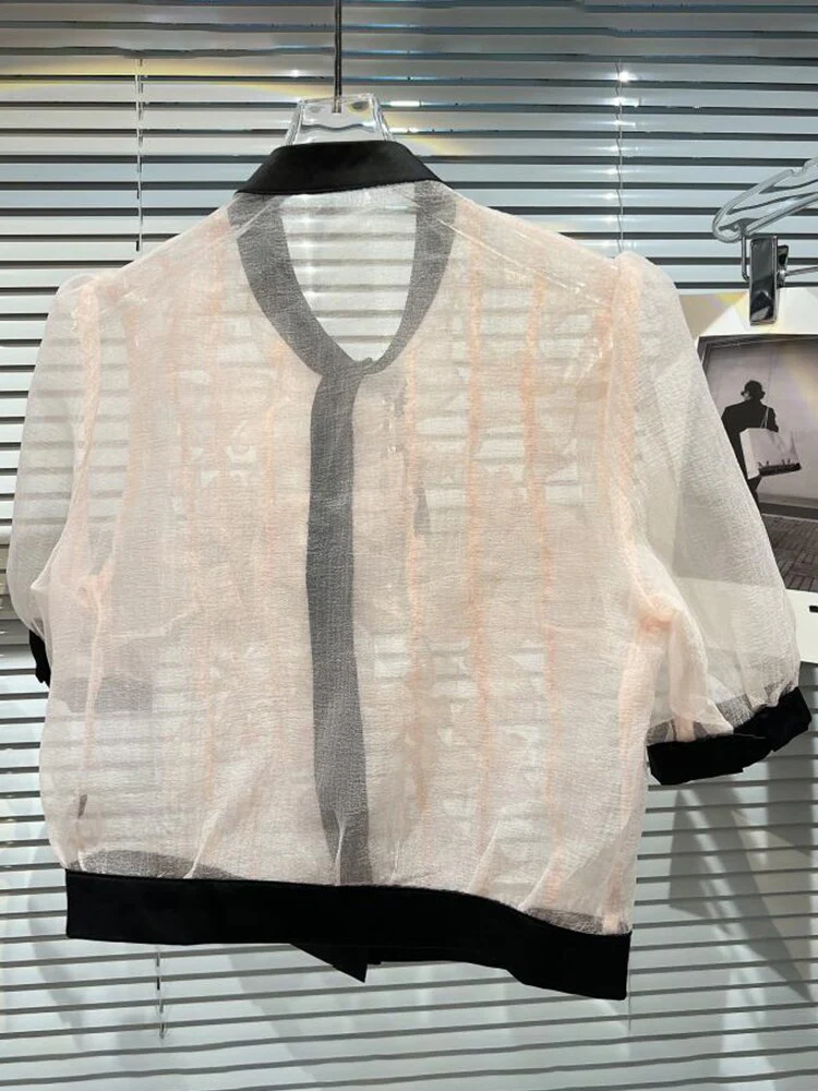 deanwangkt Patchwork Bowknot Ruched Shirt For Women Stand Collar Puff Sleeve Summer Blouses Female Fashion Clothing Style New - Deanwangkt