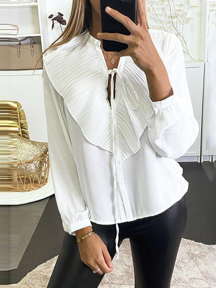 deanwangkt Original Ruffle Solid V-neck Pleated Leisure  Casual Shirt for Women - Deanwangkt
