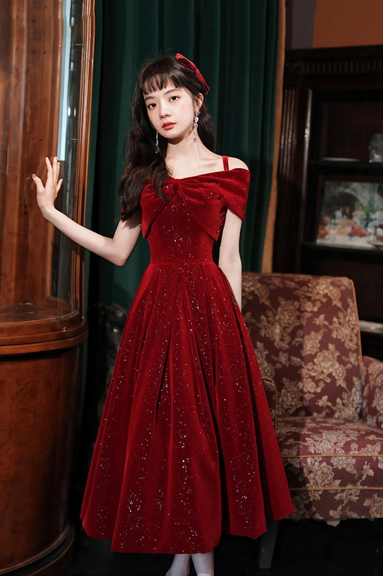 solvbao Burgundy Velvet Off the Shoulder Prom Dress, A-Line Party Dress - Deanwangkt