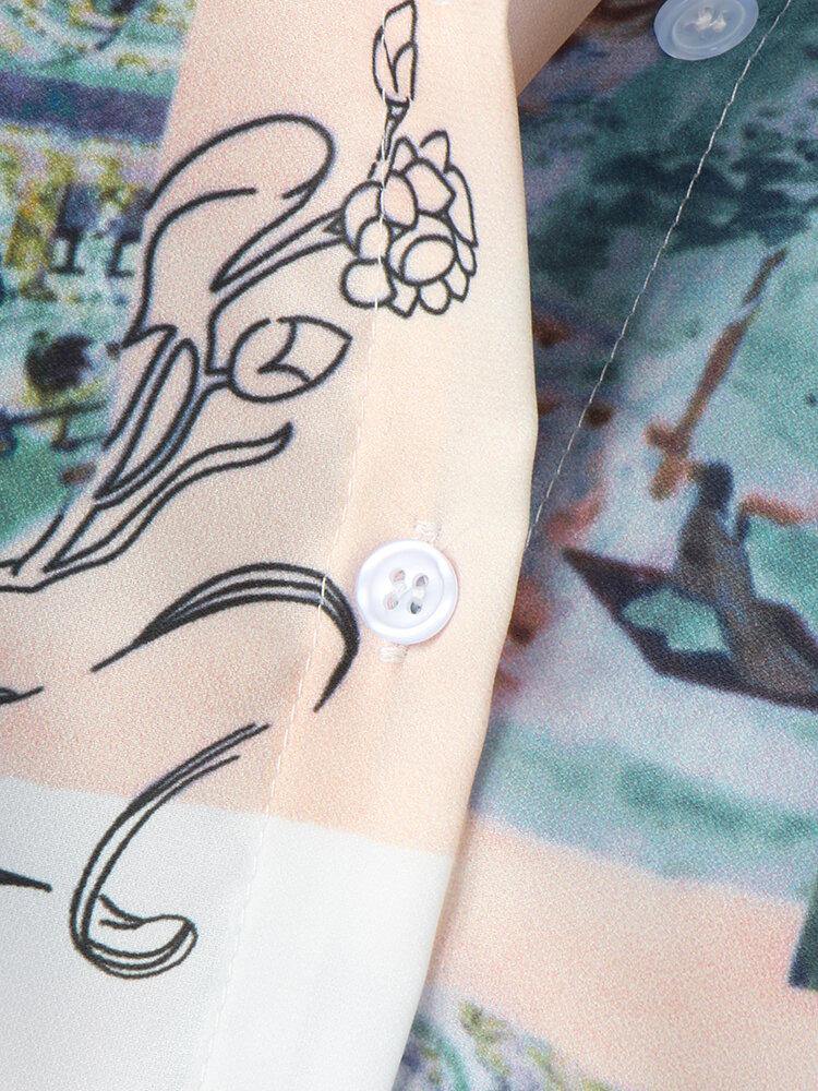 deanwangkt Women Block Landscape Print Long Sleeve Lapel Casual Blouse - Deanwangkt