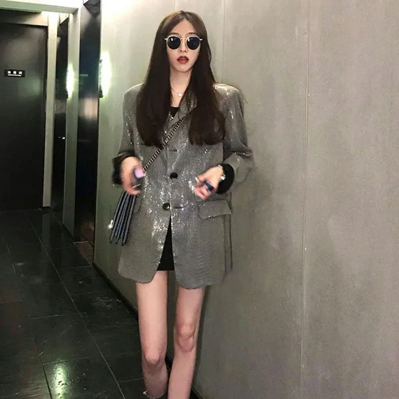 deanwangkt Lucyever Korean Fashion Shiny Sequin Blazer Women Luxury Bling Bling Long Sleeve Jacket Woman Streetwear Temperament Loose Coat - Deanwangkt
