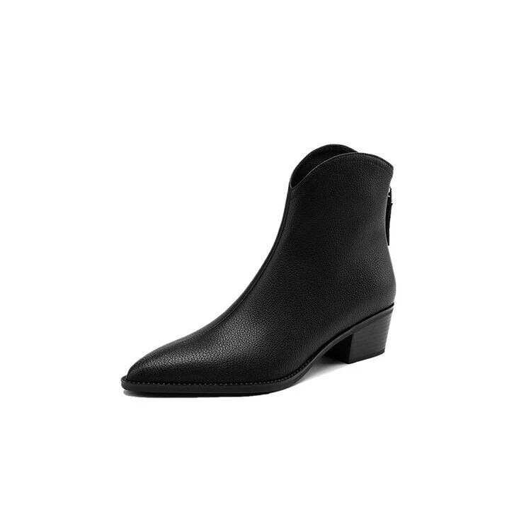 deanwangkt Autumn Shoes    NEW Autumn Boots Women Split Leather Shoes for Women Pointed Toe Chunky Heel Shoes Retro Zipper Short Boots Apricot Ankle Boots - Deanwangkt