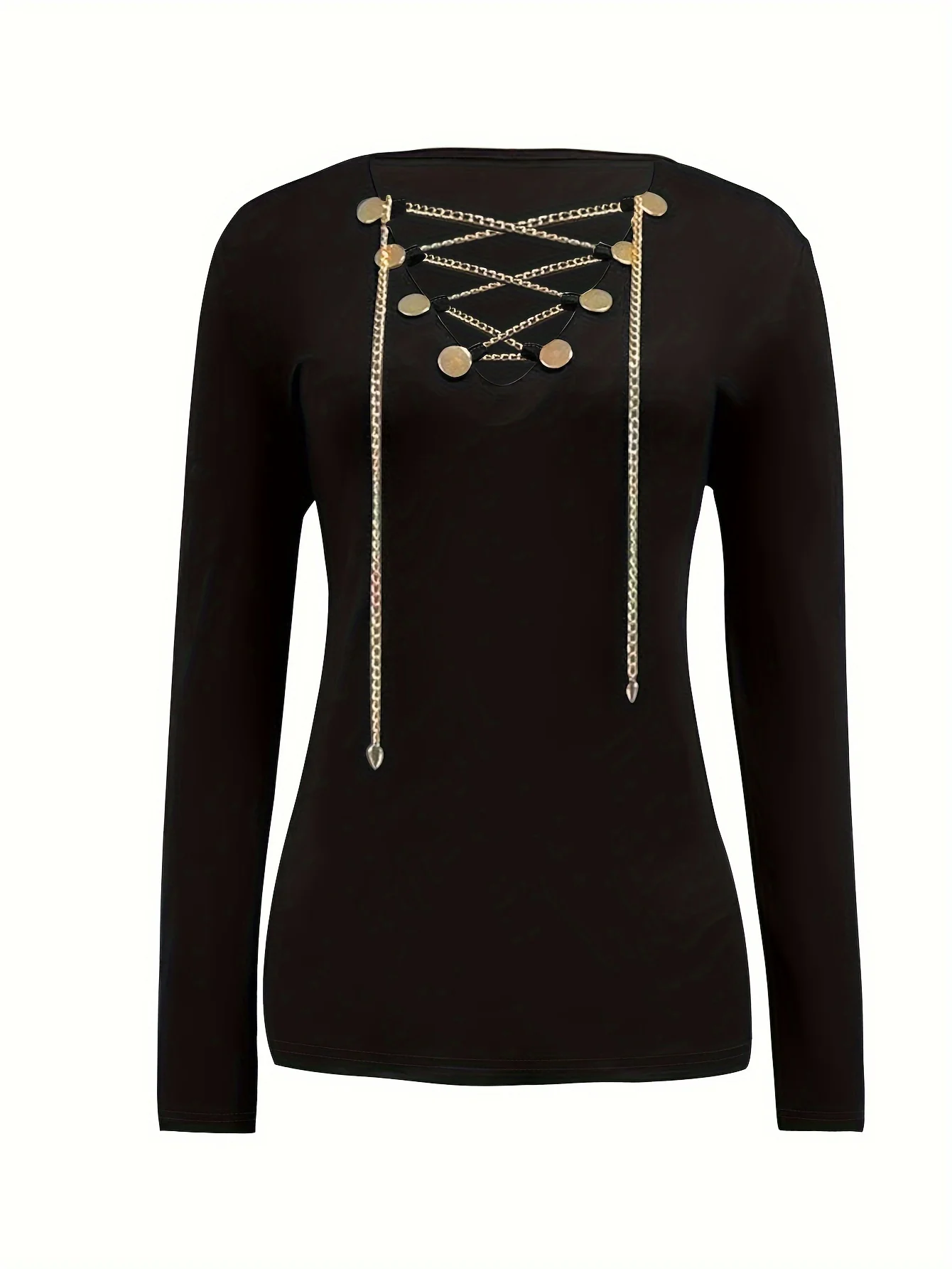 deanwangkt-1 Criss Cross Chain T-shirt, Casual Slim Long Sleeve Solid T-shirt, Women's Clothing - Deanwangkt