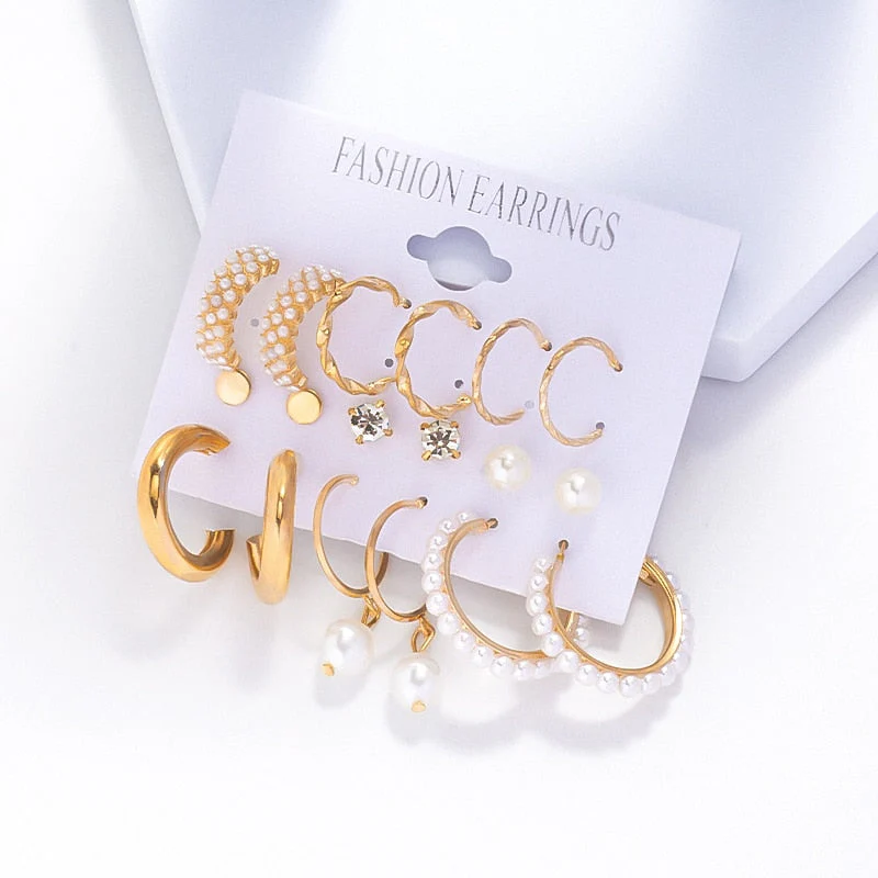 DEANWANGKT 6Pairs Punk Metal Pearls Big Hoop Earrings for Women Bohomia Gold Color Chain Circle Geometric Drop Earring Fashion Jewelry - Deanwangkt