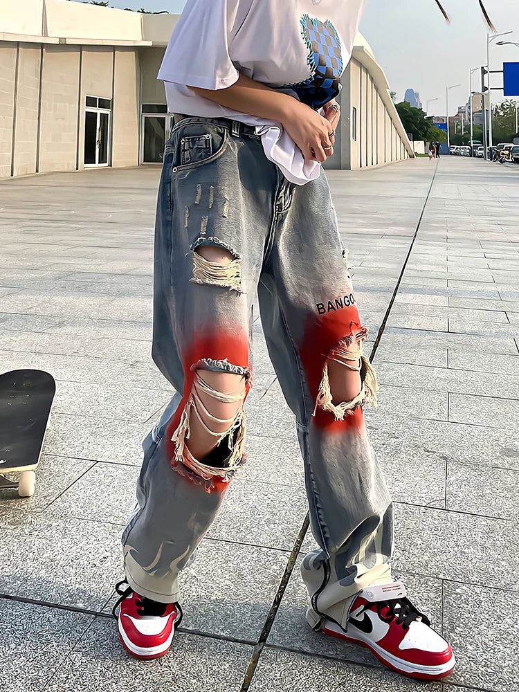 deanwangkt Retro Streetwearflame Print Jeans Y2k Blue Fashion Ripped Wide Leg Pants Hip Hop Gothic Harajuku High Waist Women Trousers - Deanwangkt