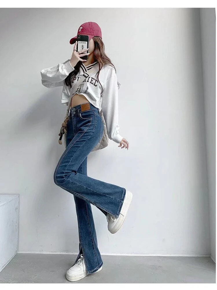 deanwangkt Split Jeans Women's Spring And Autumn New High-waisted Slim Fit Slim Wide-legged Micro-trumpet Mopping Pants Trendy Ins - Deanwangkt