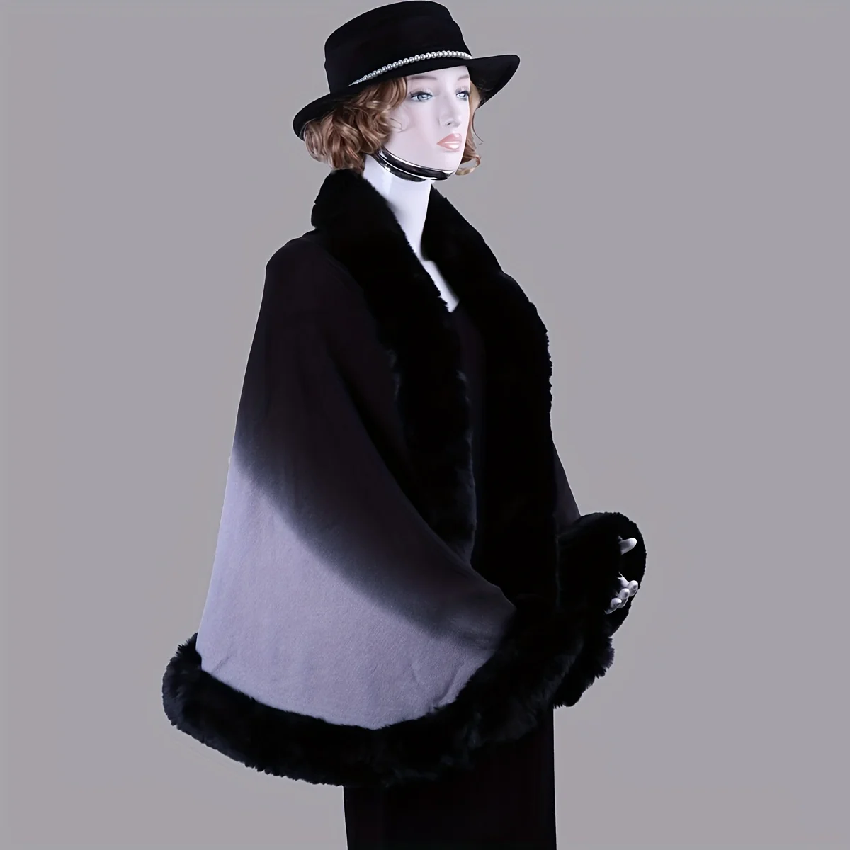 Soft Faux Fur Collar Shawl Women's Gradient Color Mature Warm Thick Cardigan Autumn Winter Imitation Rabbit Fur Edge Party Evening Versatile Coldproof Shawl - Deanwangkt