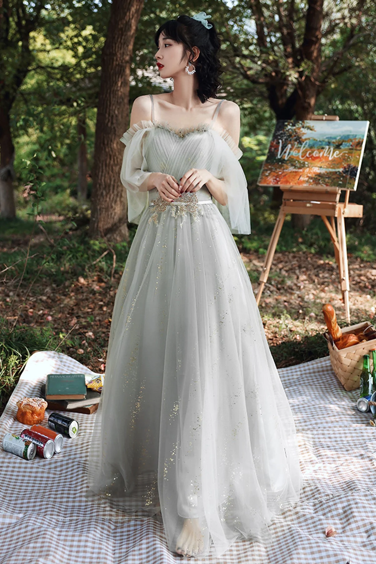 solvbao Grey Lace Long Prom Dresses, A-Line Evening Dresses - Deanwangkt