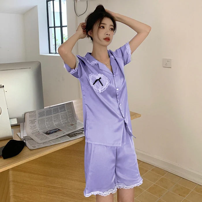 New 2 Piece Women Set Summer Short Sleeve Pajamas for Woman Fashion Silk Sleepwear Pink Lace Pocket Sexy Satin Pajama Homewear - Deanwangkt