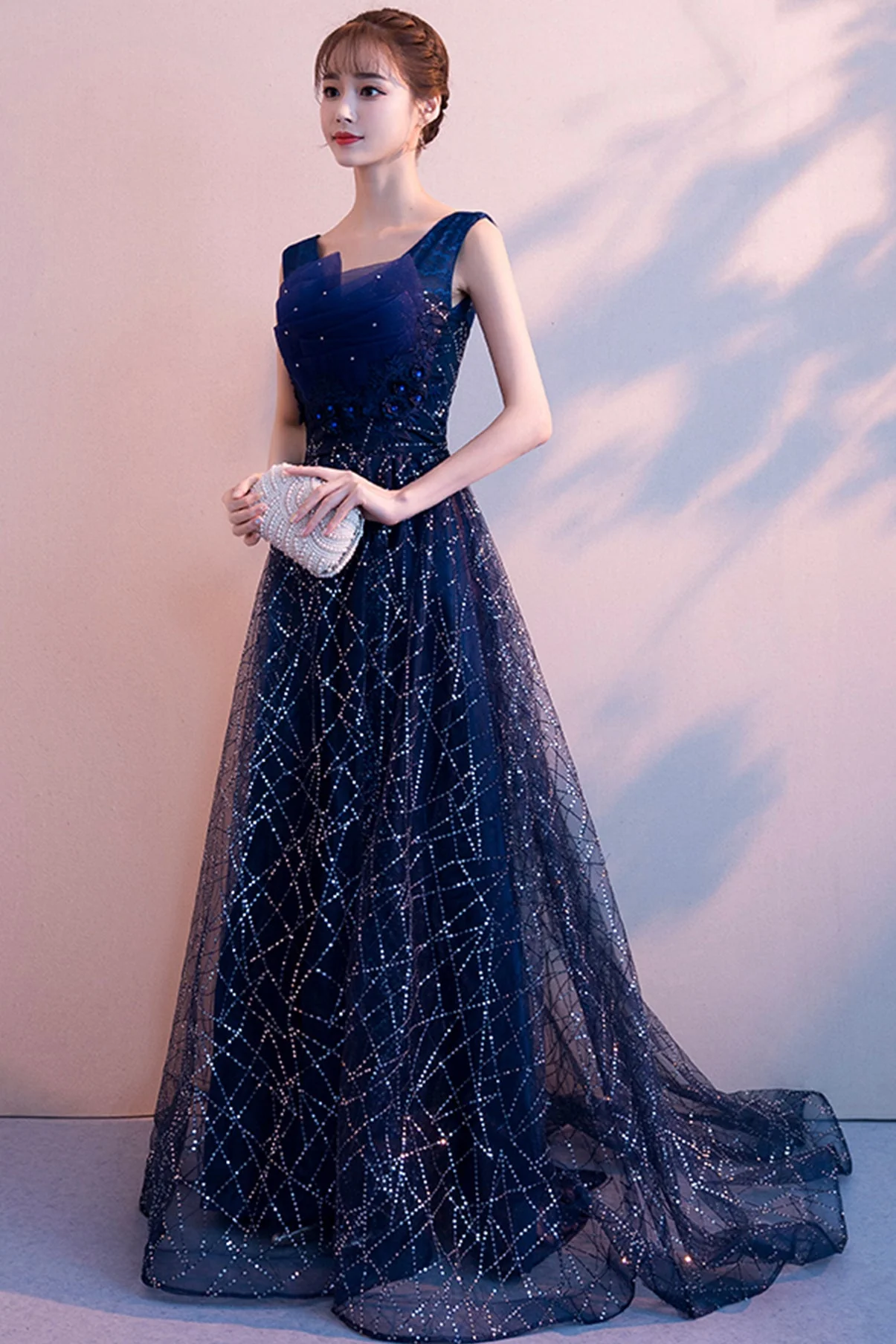 solvbao Blue Tulle Lace Long Prom Dresses, A-Line Evening Dresses - Deanwangkt