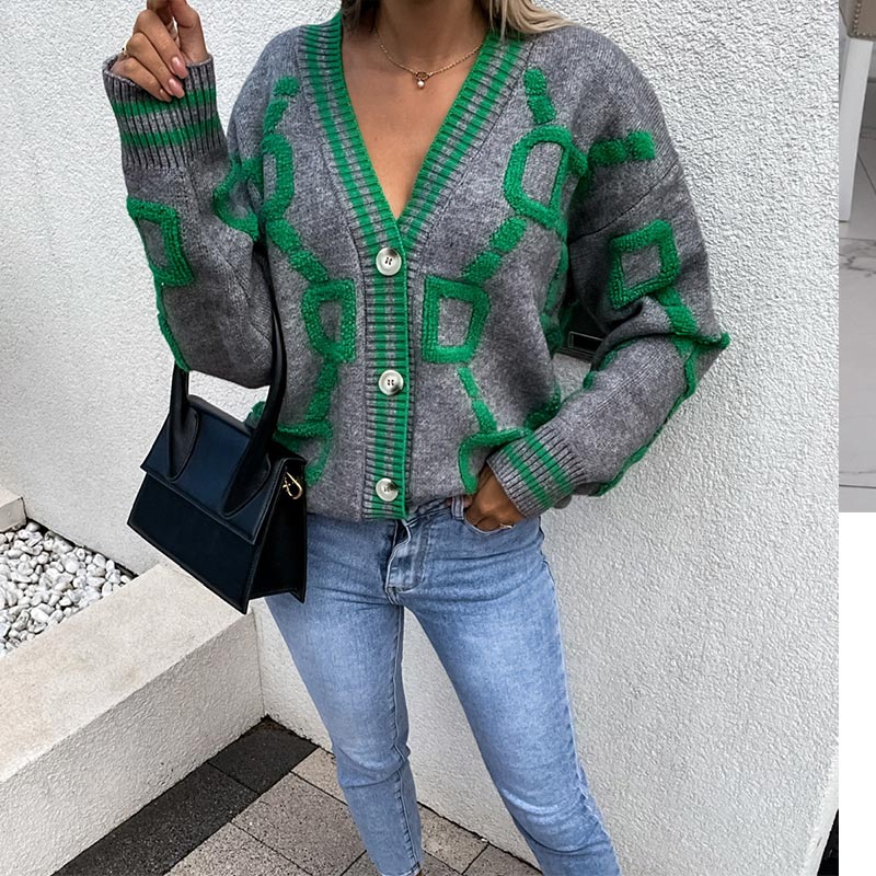 deanwangkt Back To School Women Cardigan Green Striped Pink Knit Button Lady Cardigans Sweaters V-Neck Loose Casual Winter Fashion Knitted Coat - Deanwangkt