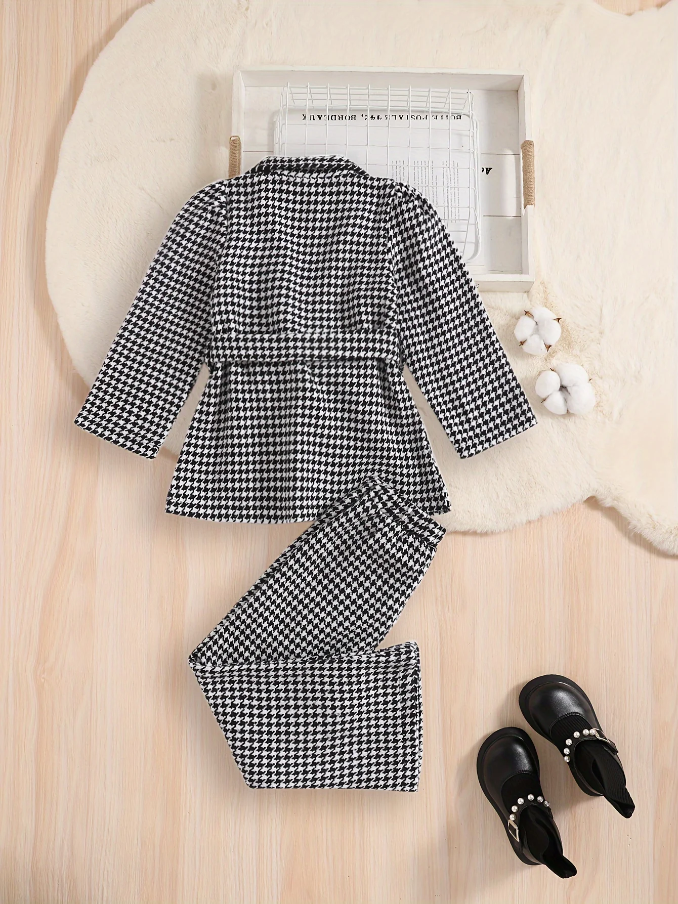 Elegant Houndstooth Pattern Outfits 2pcs Girls Long Sleeve Blaze With Bow Belt + Flare Pants Kids Gift Christmas - Deanwangkt