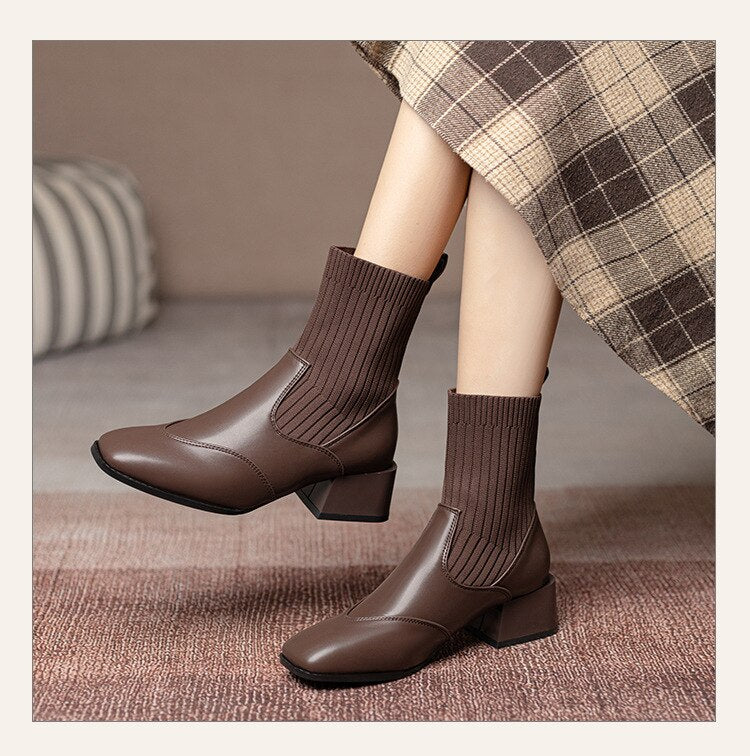 deanwangkt Autumn Winter New Ankle Socks Shoes Women Fashion Large Size  Knitted Short Boots Women Slip On High Heels - Deanwangkt