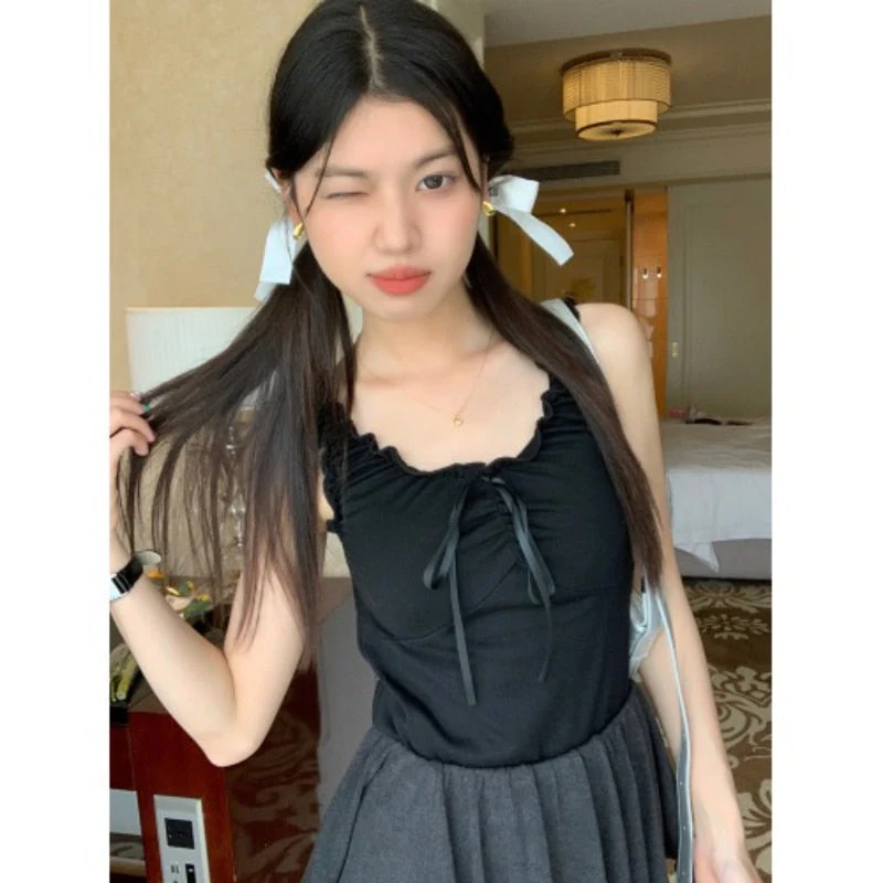 Edible Tree Fungus Y2K Summer Tank Top Solid Hotsweet White Sweet Women Sleeveless Camis Bottoming Korean Ballet Vest Bandage - Deanwangkt