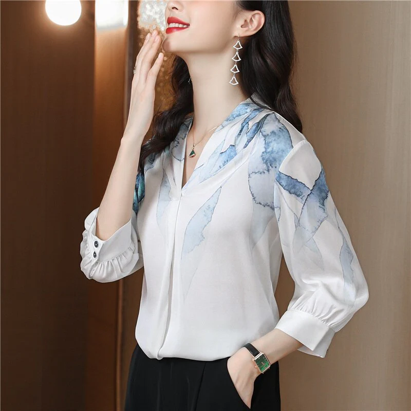 deanwangkt elegant ladies shirts Fashion printing women blouses New chic Spring autumn causal half sleeve slim blouses mujer blusas - Deanwangkt
