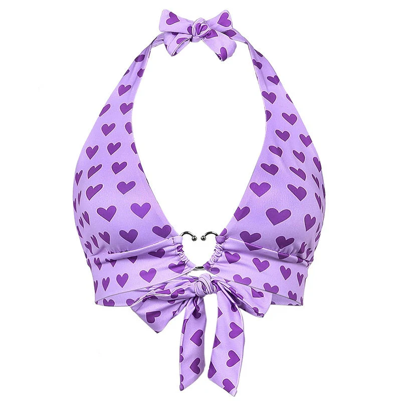 deanwangkt  Pink Heart Print Cute Bustier Crop Top Women Aesthetic Kawaii Clothes Sleeveless Backless Lace Up Bralette Camisole - Deanwangkt