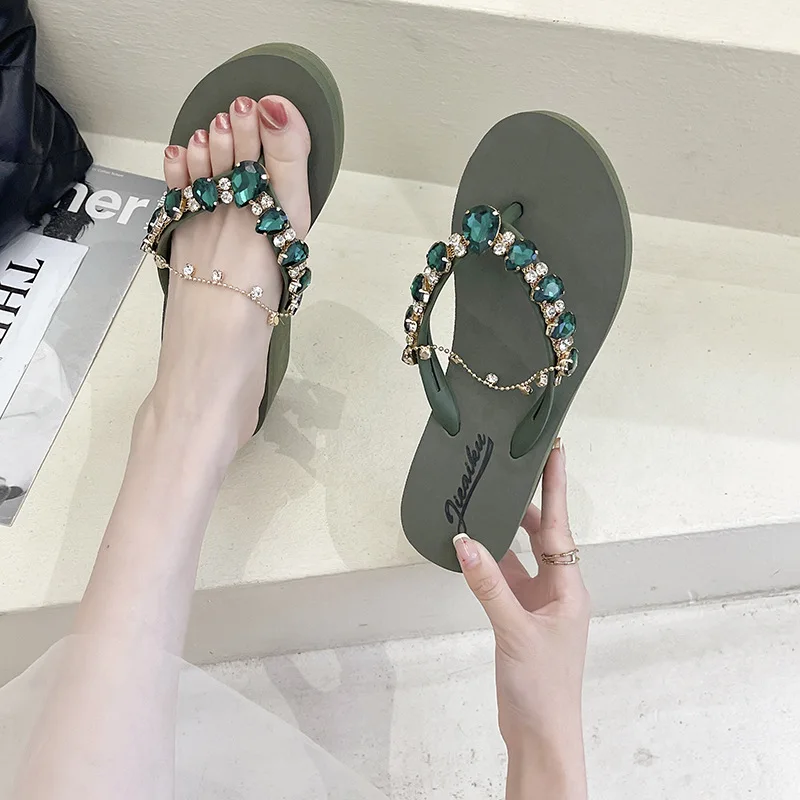deanwangkt New Ins Rhinestone Chain Thick-soled Flip-flops Women Wear Beach Holiday Sandals and Slippers with Wedges Outside Summer. - Deanwangkt