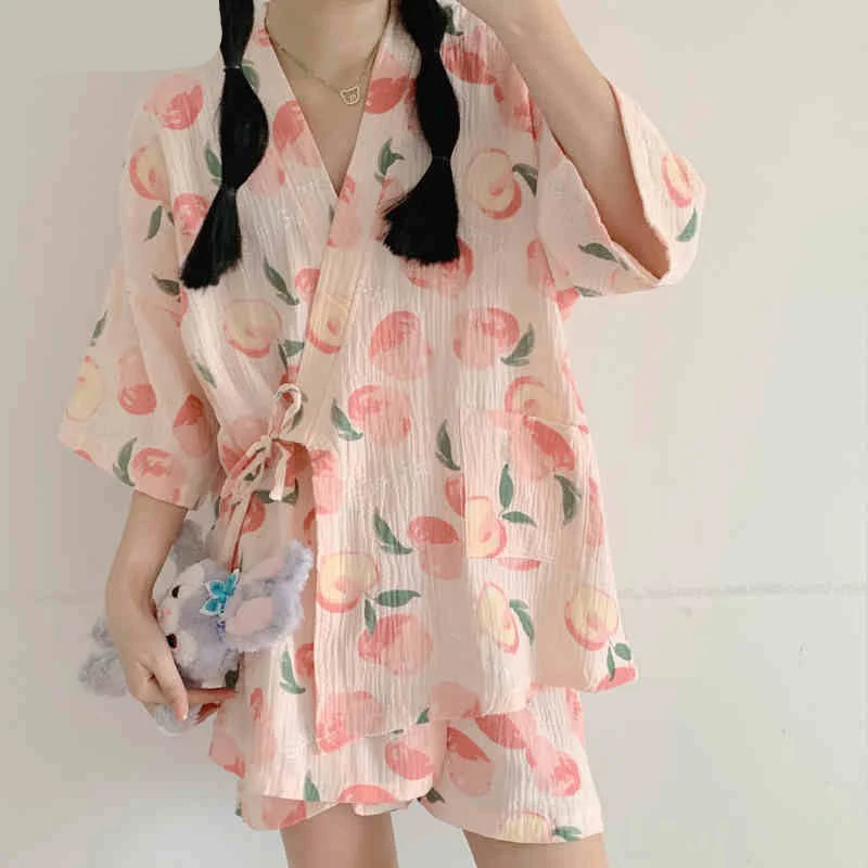 deanwangkt Pink Pajama Sets Women Sweet Casual Simple Design Stylish Japanese Style Lace-up Print Summer Home Lounge Wear Cozy Breathable - Deanwangkt