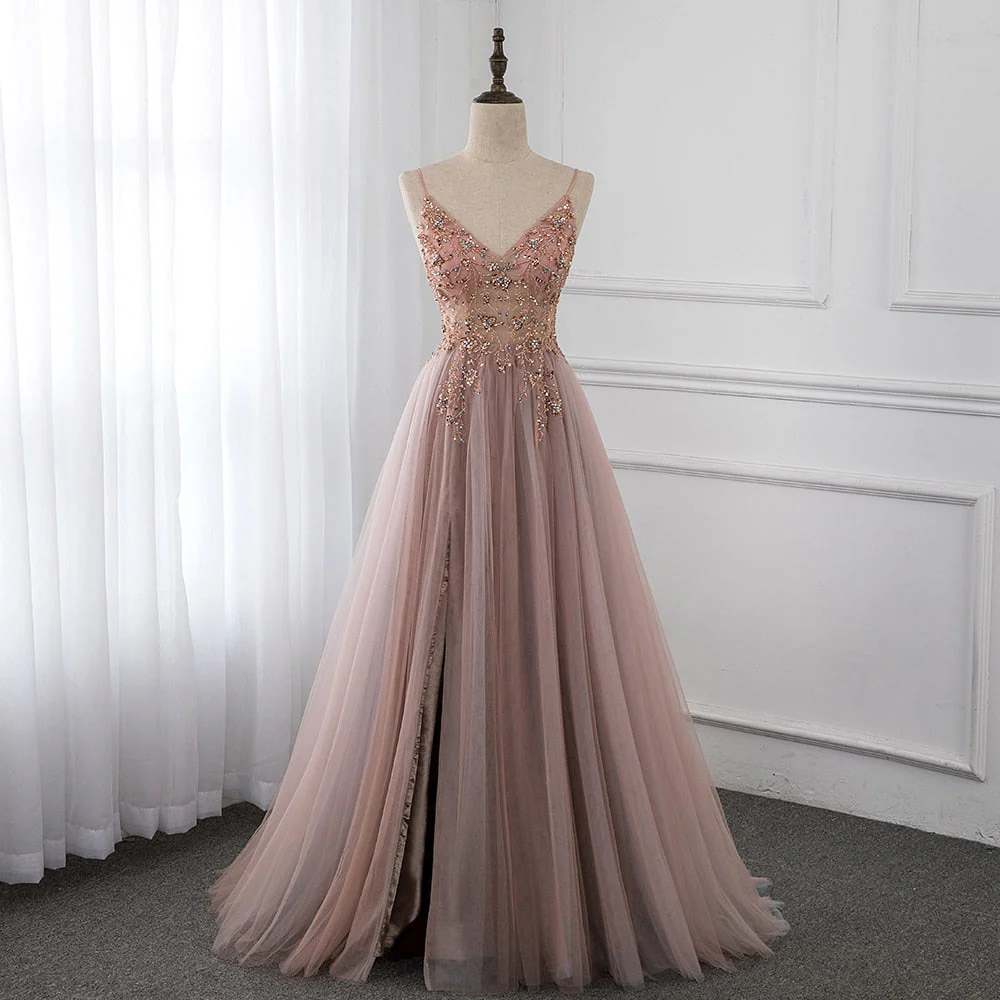 Sweet Dusty Pink Crystal Prom Dresses Long Straps Spaghetti See Through Tulle Evening Gown Slit Right YQLNNE - Deanwangkt