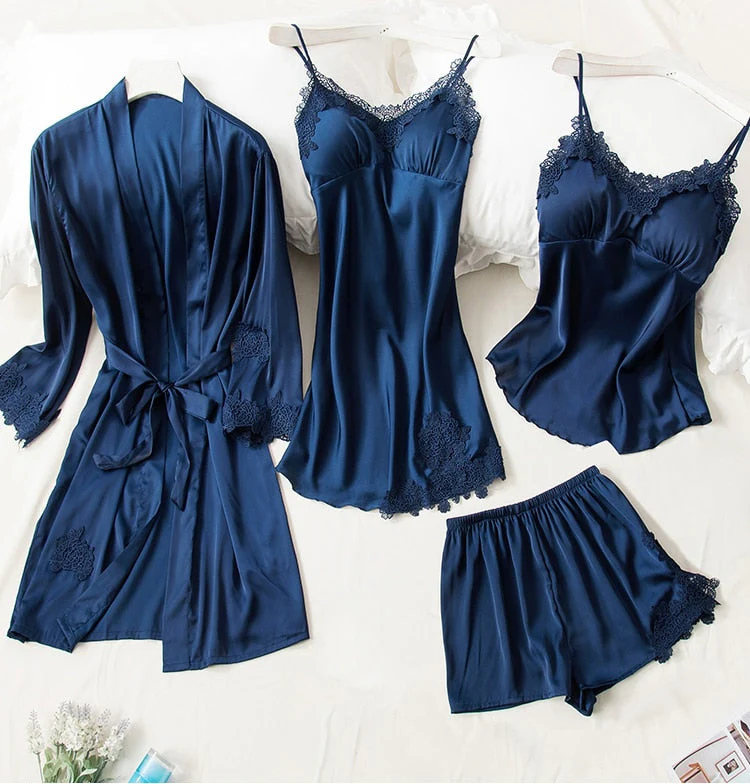 Women Pajamas 5PCS Pajamas Sets Satin Sleepwear Pijama Silk Home Wear Clothing Sexy Lace Sleep Lounge Pyjamas with Chest Pads - Deanwangkt