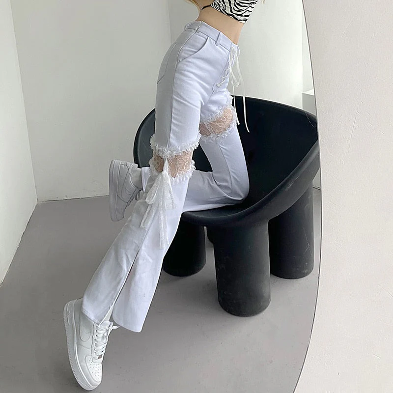 deanwangkt Hollow Out wide leg Jeans Summer Women White High Waist jeans Sexy Flared lace harajuku Pants Patchwork vintage streetwear - Deanwangkt