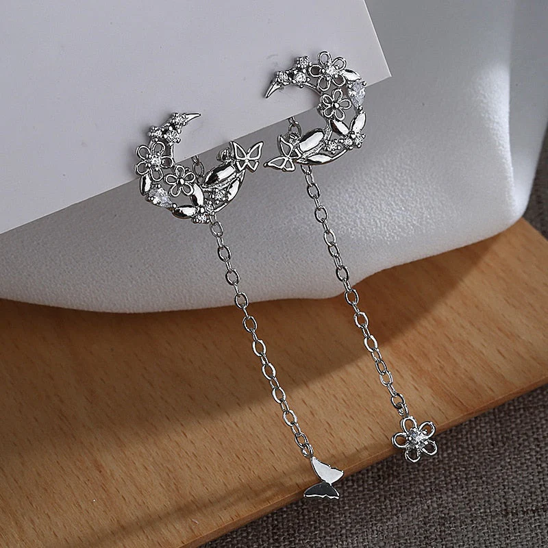 Korean Exquisite Planet Moon Butterfly Tassel Earrings for Women Sparkling Crystal Asymmetrical Drop Earrings Girl Party Jewelry - Deanwangkt