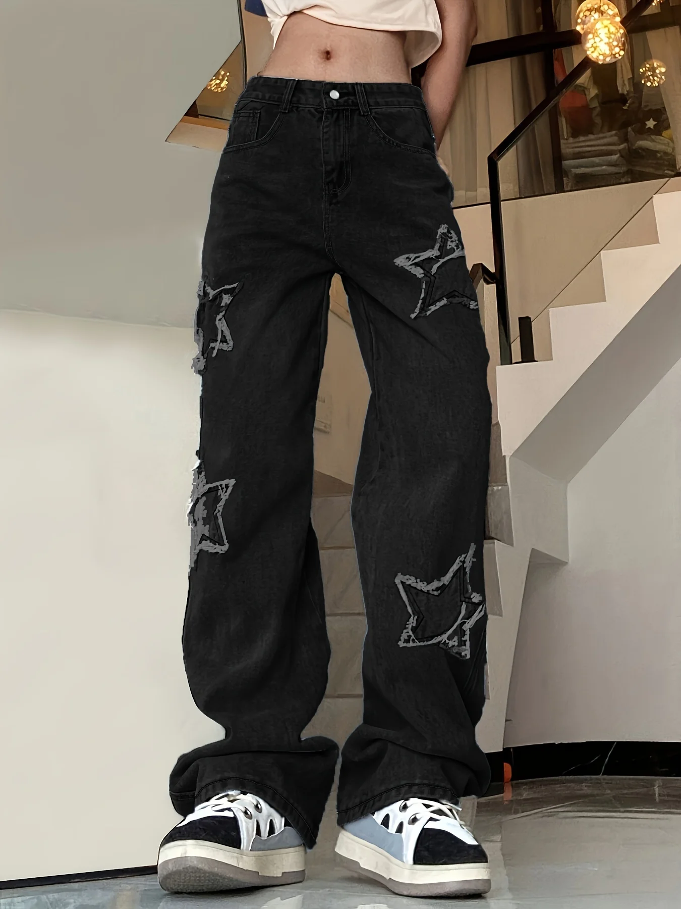 Blue Star Shape Patchwork Straight Jeans, Loose Fit Slant Pockets Non-Stretch Denim Pants, Women's Denim Jeans & Clothing - Deanwangkt