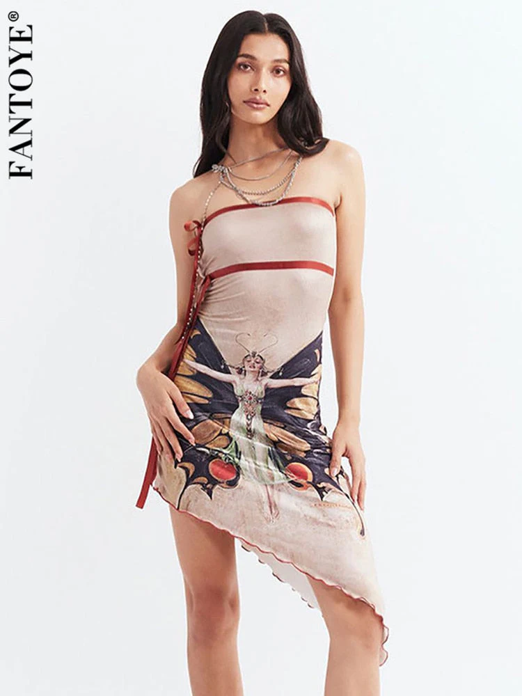 Joskka Strapless Print Butterfly Women Dress Apricot Irregular Lace Up Mini Dress Femme Summer Slim Elegant Party Clubwear - Deanwangkt