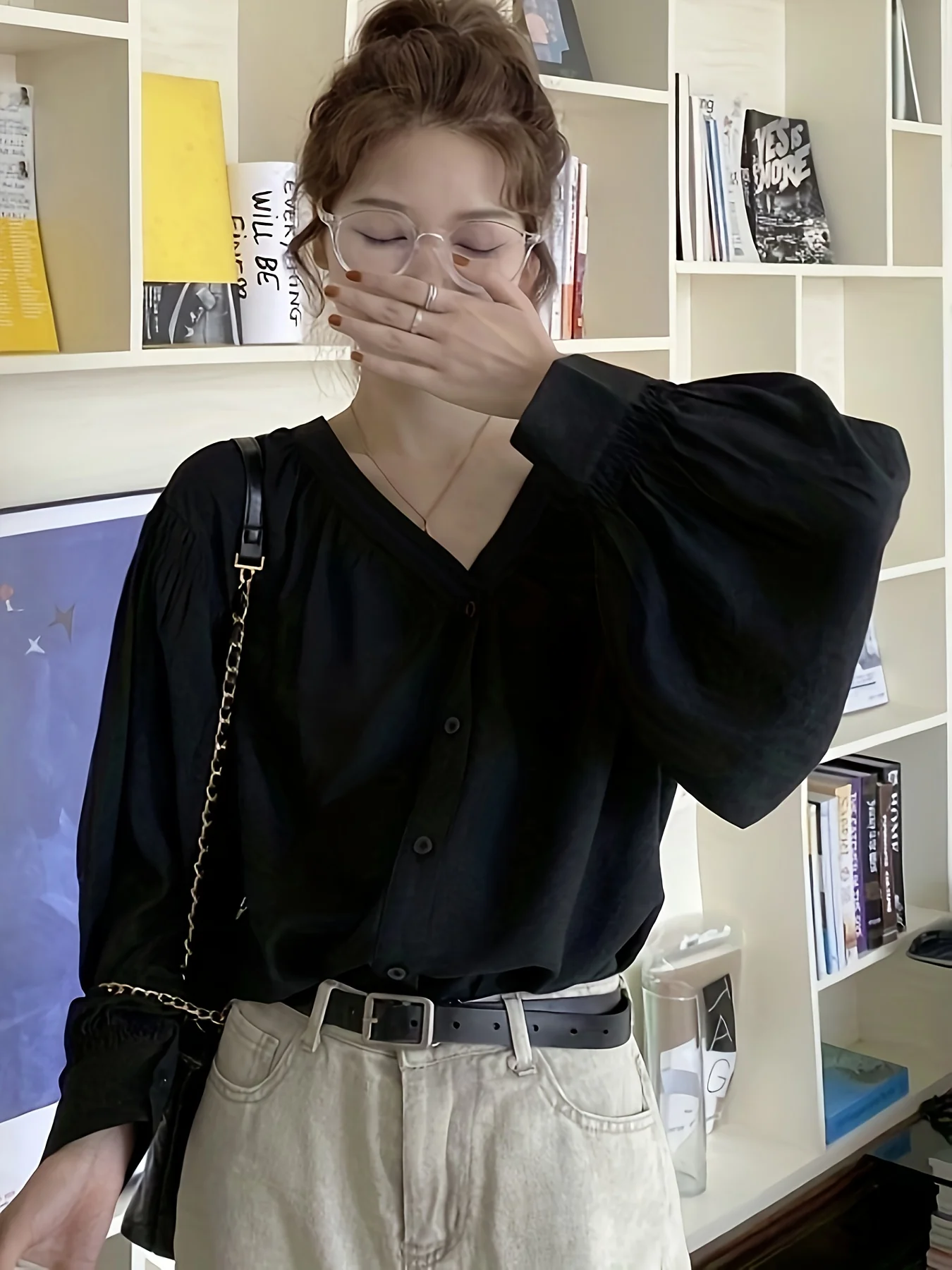 Solid V Neck Button Front Blouse, Casual Long Sleeve Blouse For Spring & Fall, Women's Clothing - Deanwangkt