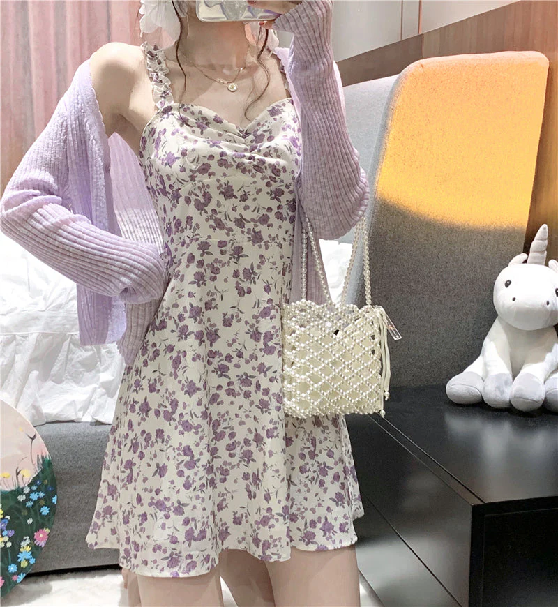Floral Slip Dress Ladies Mini A-line Strap Dress  High Waist Ruched Purple Sundress For Women Spring  Clothing Robe Femme Fairy Dress - Deanwangkt