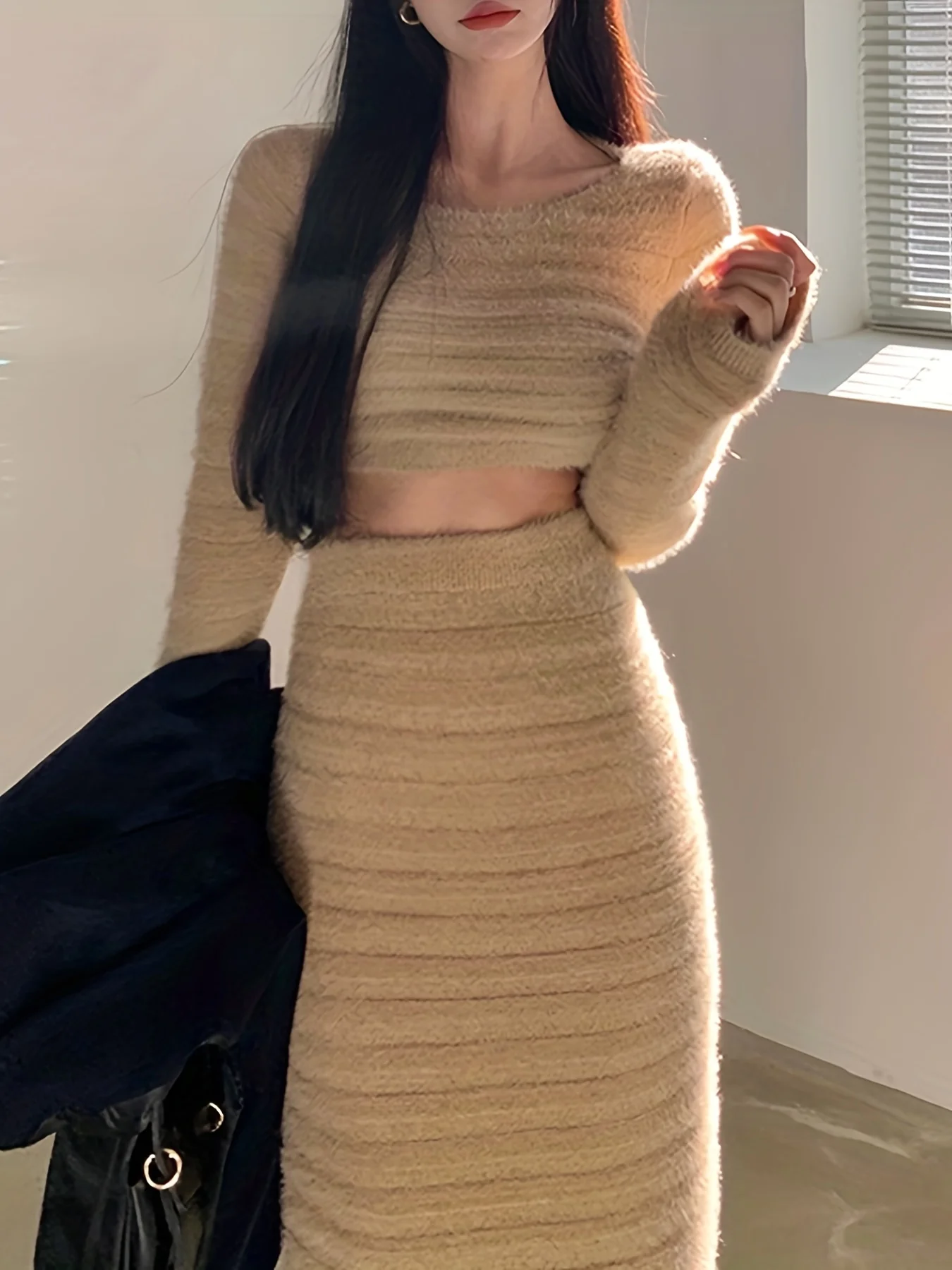 deanwangkt  Versatile Solid Two-piece Skirt Set, Crop Long Sleeve Top & High Waist Bodycon Skirt Outfits, Women's Clothing - Deanwangkt