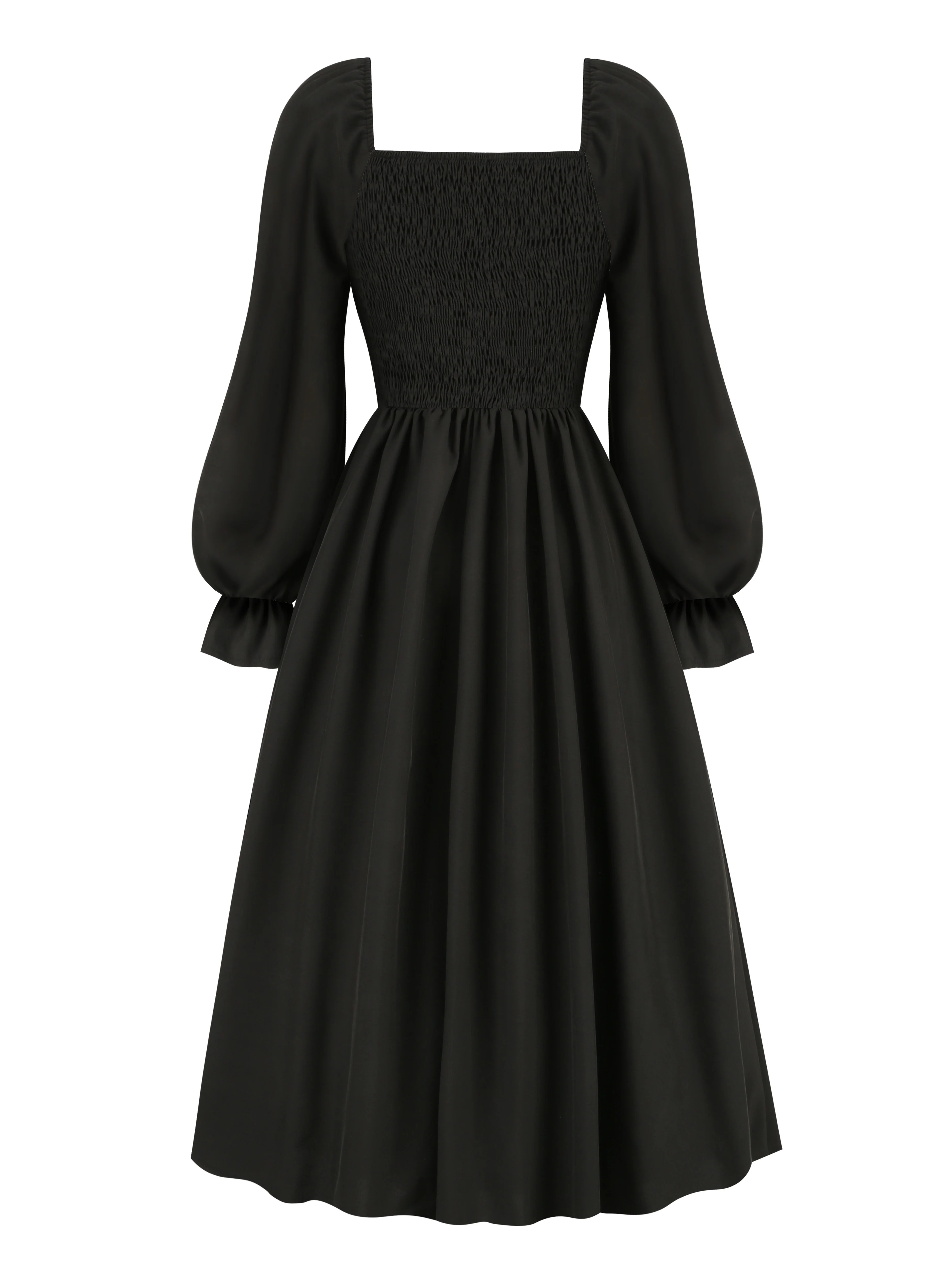 deanwangkt-1  Tie Front Lantern Long Sleeve Dress, Casual Solid Squared Neck Dress, Women's Clothing - Deanwangkt