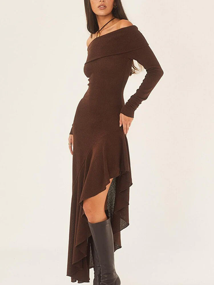 Joskka  Off Shoulder Dress Women Elegant Stylish Slash Neck Long Dresses Ladies Irregular Side Split Ruffles Bodycon Patry Dresses Fall Outfits - Deanwangkt