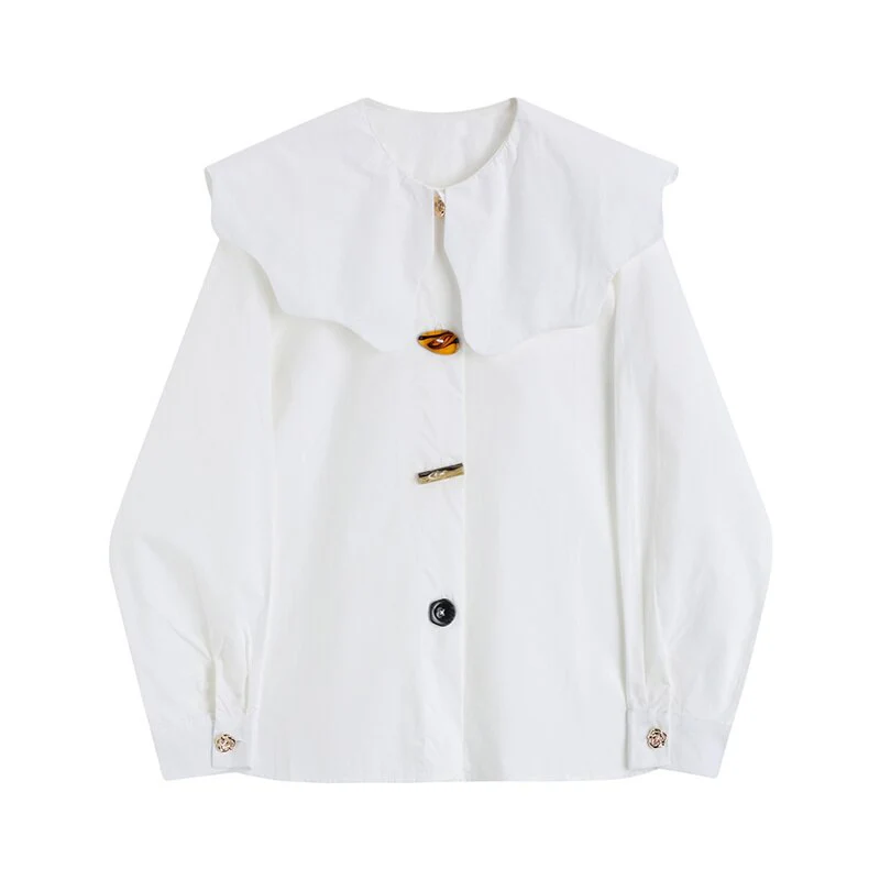 deanwangkt Women White Button Big Size Vintage Blouse New Peter Pan Collar Long Sleeve Shirt Fashion Tide Spring Autumn  1DE8174 - Deanwangkt