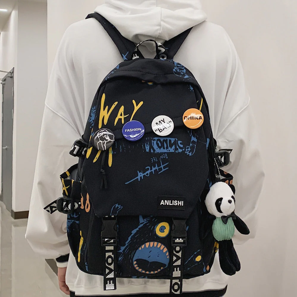 Cool Women Men Graffiti Pattern Trendy Backpack Lady Travel Badge Backpack Harajuku Bag Female Male College Girl Boy Student Bag - Deanwangkt