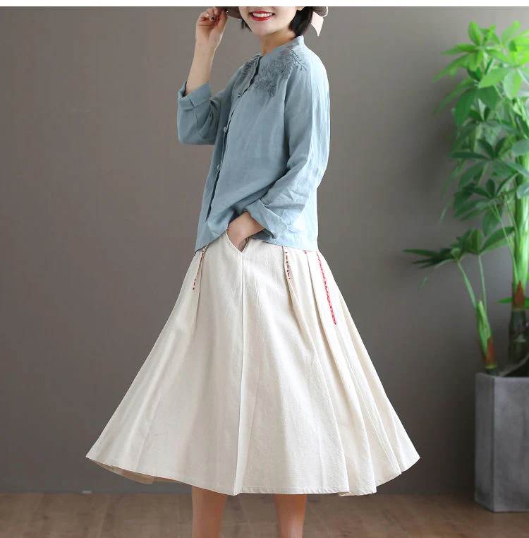 deanwangkt Shirts Women Long sleeve Linen Button Up Shirt Cotton Embroidery Vintage 4XL Plus Size Ladies Tops Blouse O neck Casual White - Deanwangkt