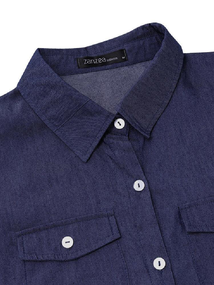 deanwangkt Casual Loose Button Front Irregular Split Hem Denim Maxi Shirt Dress with Front Pockets - Deanwangkt