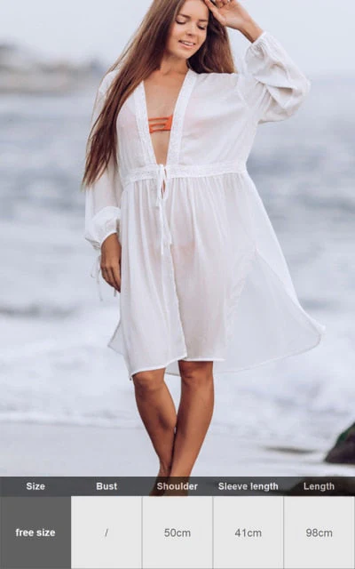 Sexy New Shirt Beach Up White Beach Dress Loose Blouse Tunic Pocket Long Sleeve Swimsuit Cover Up Casual Beachwear - Deanwangkt