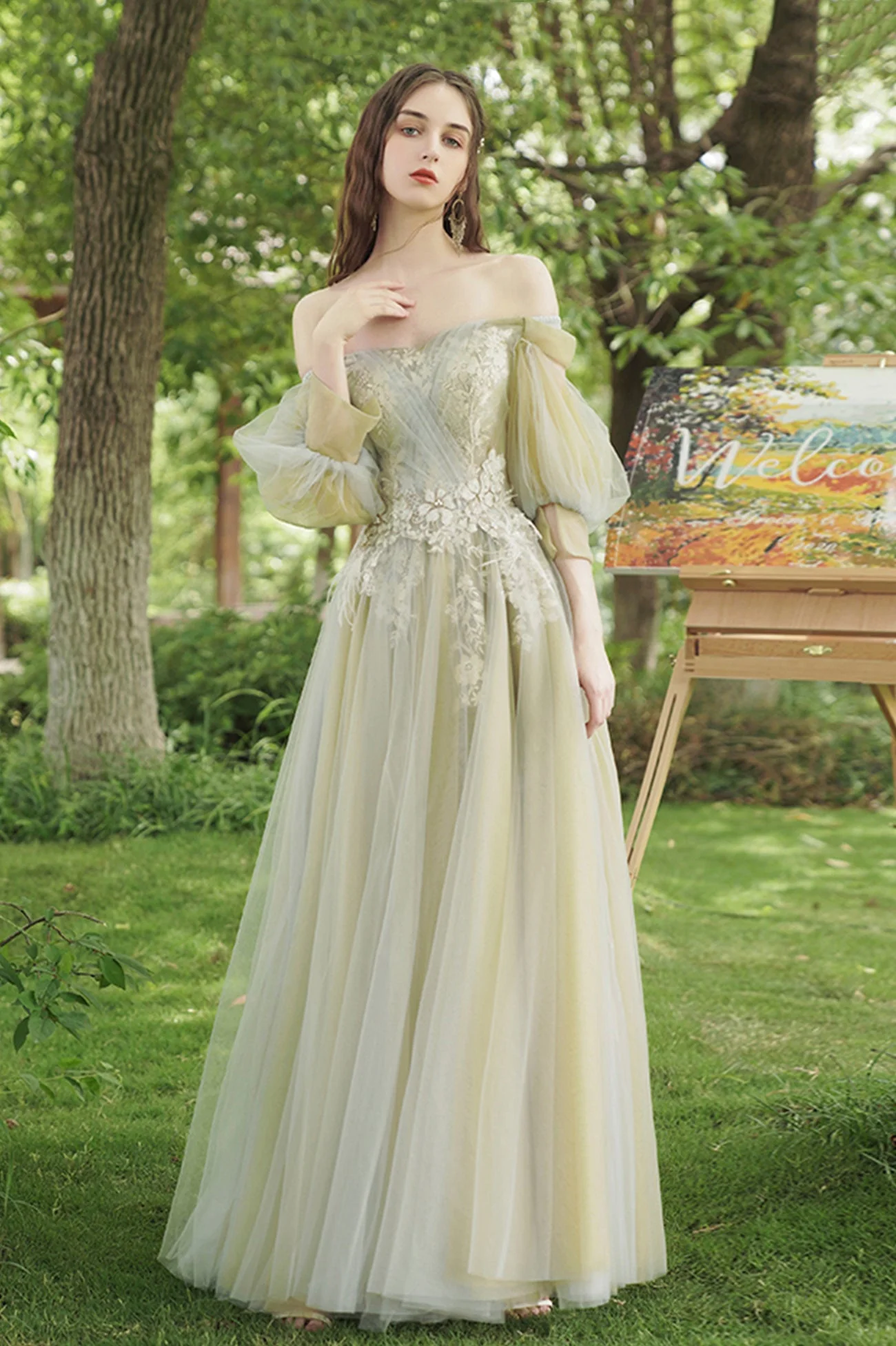 solvbao Green Lace Long Prom Dress, A-Line Evening Dress - Deanwangkt