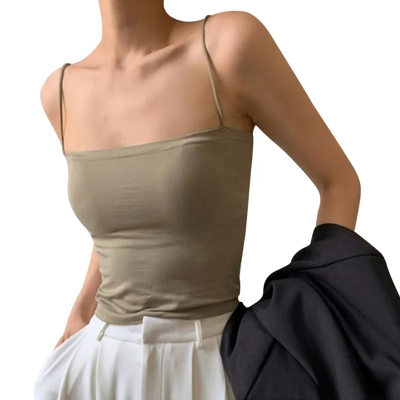 deanwangkt Sexy Crop Top Women Spaghetti Strap Tank Tops Summer Sleeveless Cami Tube Top Basic Solid Camisole Cotton Bustier Soft Bra Vest - Deanwangkt