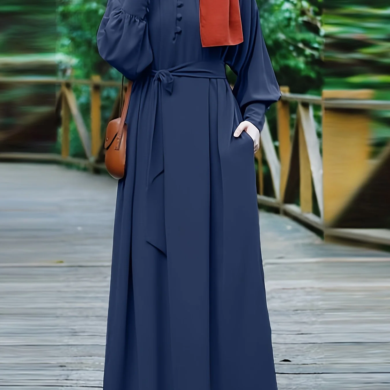 Solid Crew Neck Burqas, Elegant Long Sleeve Maxi Dress, Women's Clothing - Deanwangkt