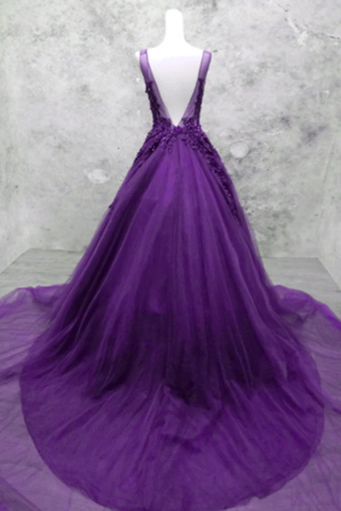 Solvbao Glam Purple V-neckline Tulle Beaded and Lace Formal Gown, Purple Long Prom Dresses - Deanwangkt