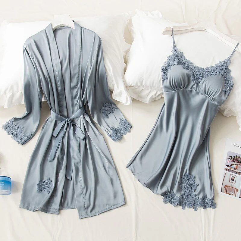 5PCS Robe Sleep Suit Pajamas Set Sexy Lace Stain Red Pajamas Women Silk Pyjamas Dressing Gown Summer Robe Sleepwear Chest Pads - Deanwangkt