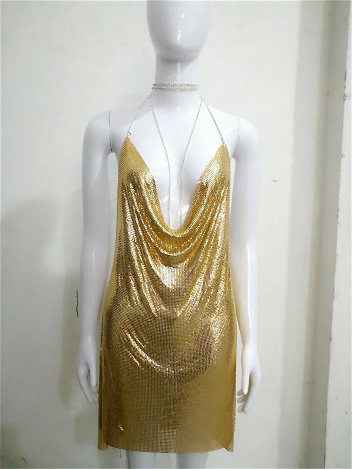 SRUBY Sexy Backless Metal Party Summer Dress Women Beach Night club Mini slip dress Glitter Sequin ladies Dresses  Christmas - Deanwangkt