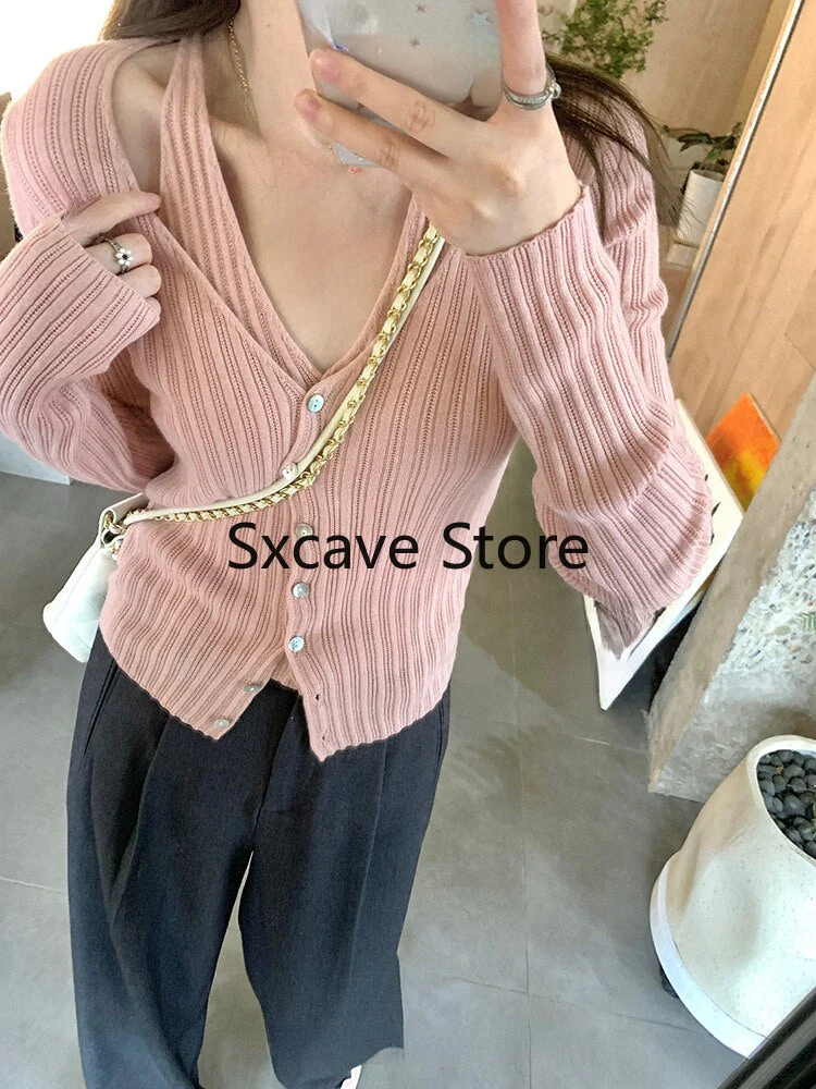 deanwangkt  Autumn V-Neck Knitted Cardigan Women Pure Color Casual Long Sleeve Slim Sweater Office Lady Y2k Crop Tops Female Korean - Deanwangkt