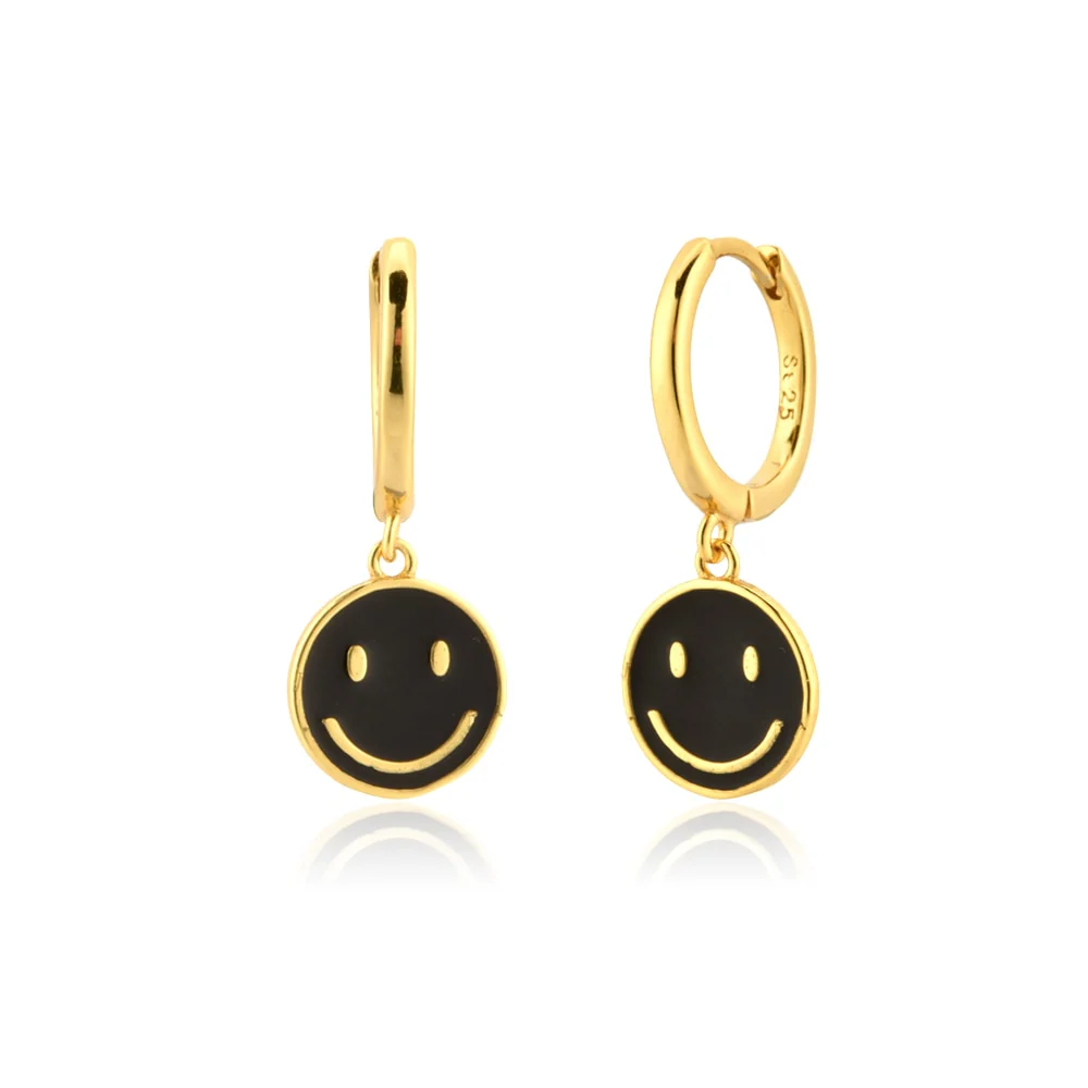 DEANWANGKT Sterling Silver Gold White Pink Enamel Smile Drop Earring Black Clips Pendiente Spring Summer Jewelry For Women Gift - Deanwangkt