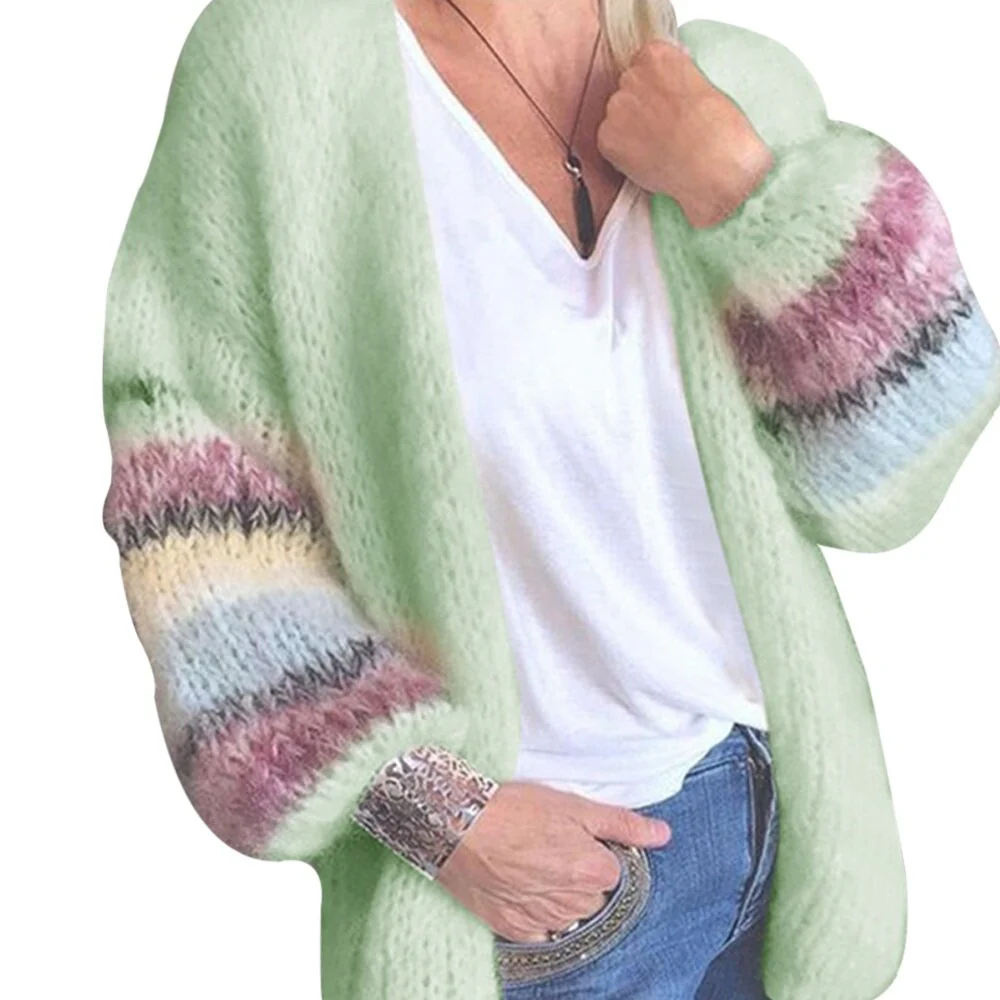 deanwangkt Striped Long Lantern Sleeve Mohair Sweater Autumn Mohair Cardigan Womens Sweaters Candy Color Sweater Knit Cardigan Coat - Deanwangkt