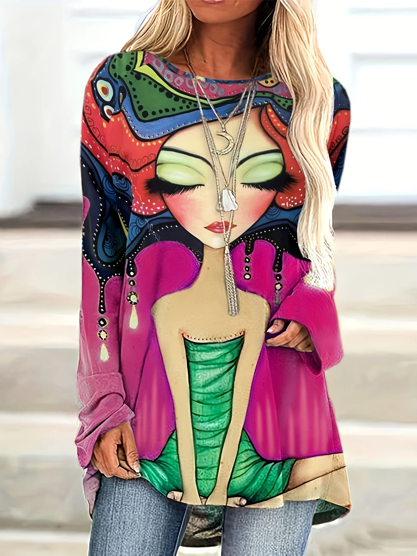 Plus Size Casual Top, Women's Plus Cartoon Figure Print Long Sleeve Round Neck Slight Stretch Top - Deanwangkt