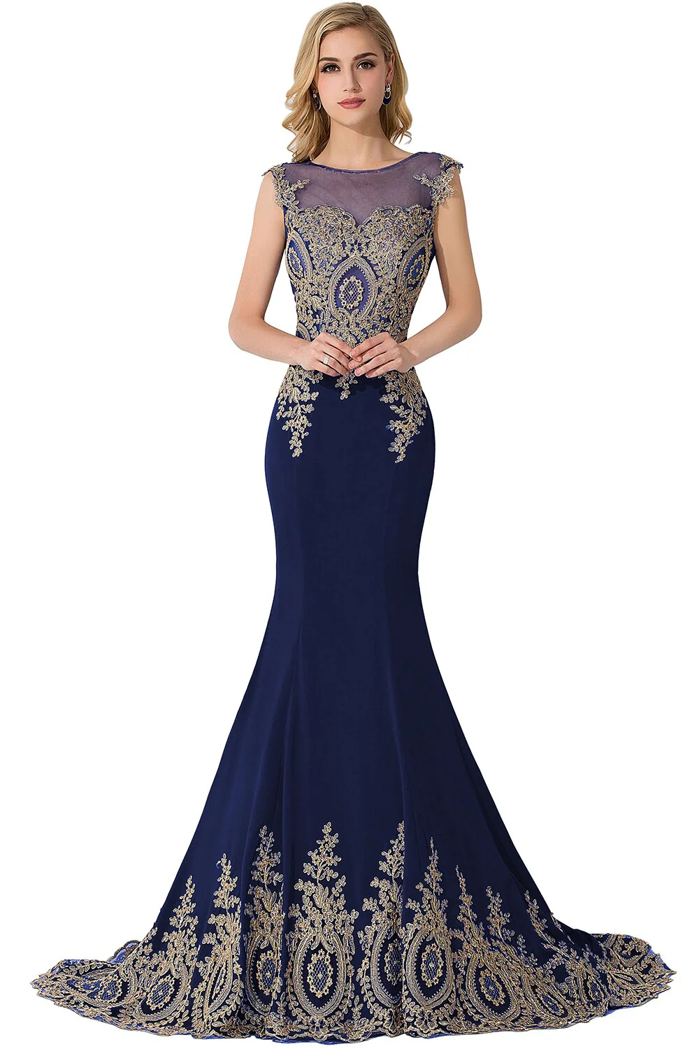DEANWANGKT Plus Size Blue Prom Dresses Long Women Mermaid Train Party Gown Birthday Gift Lady Luxury Gold Lace Appliques See through Back - Deanwangkt